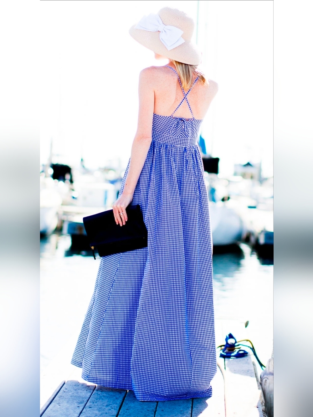 NWT J.Crew Long Spaghetti-Strap Maxi in White Blue Gingham Cotton Dress 6 - Picture 2 of 12